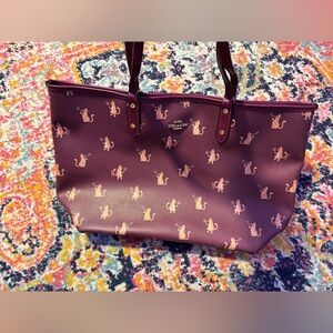 Coach Plum Cat Print Leather Tote with Gold Hardware